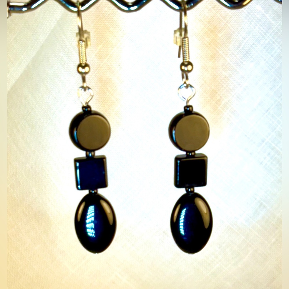 Earrings Pierced Handcrafted Unique Design Women Black Glass Beads Silver Wired